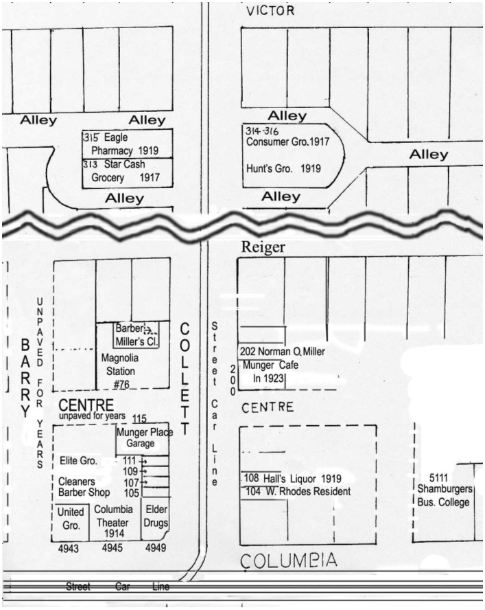 The Columbia and Collett Shopping Area 1917-1919 -- The Elder Pharmacy door was at an angle to the intersection. At some time they changed from 101 Collett to 4949 Columbia.