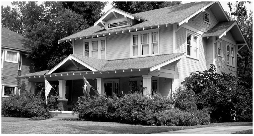 The Junius St. home is more typical in Munger Place. Note the paired windows of twos and threes and that are Wright innovations copied in Munger Place
