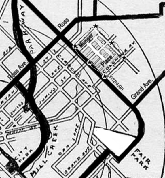 The close up of Kessler's plan above shows the planned boulevards (in bold lines) that practically surrounded Munger Place. None of the plans were done.