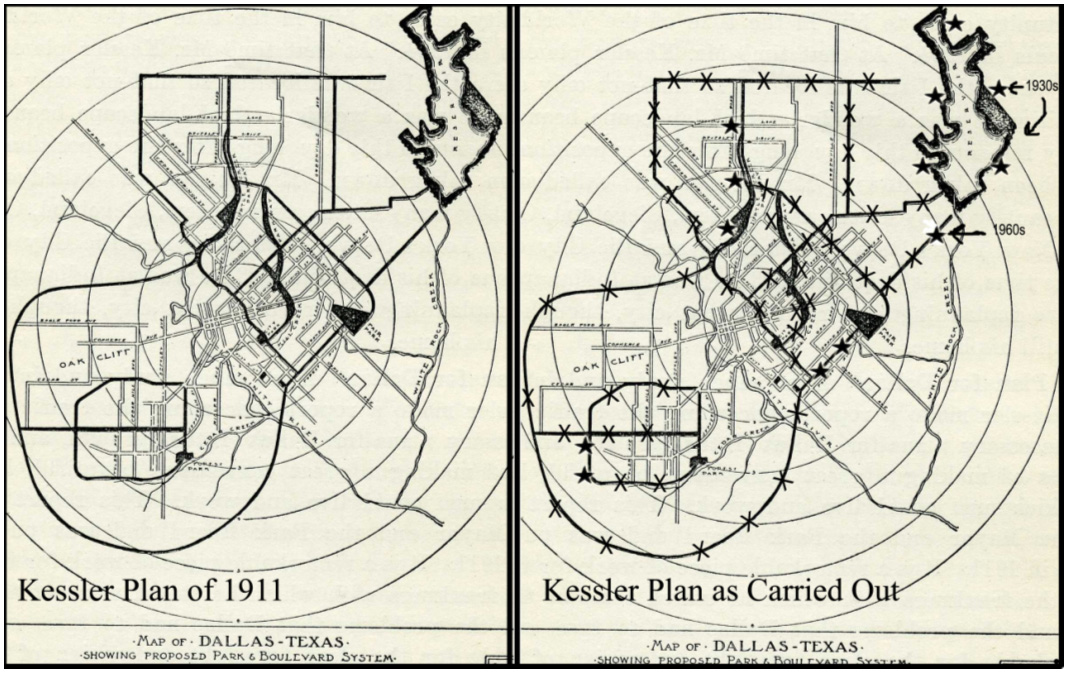 The Kessler Plan The stars on the map to the right indicates the boulevards and parkways that were built and the Xs indicate ones that were not done