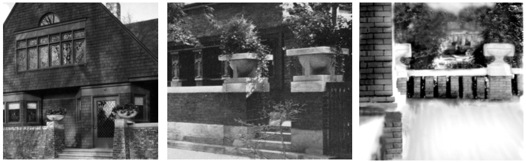 The first two pictures show the large pots at Wright’s home in Oak Park. The third picture shows two of six pots on the porch of the 5003 Tremont house