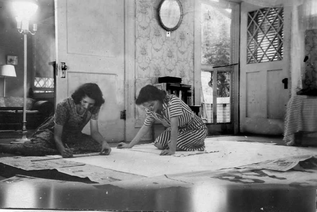 Marjorie and Nita (above) cleared out Nita’s bedroom (the original dining room) to make a flag for Camp El Har. 