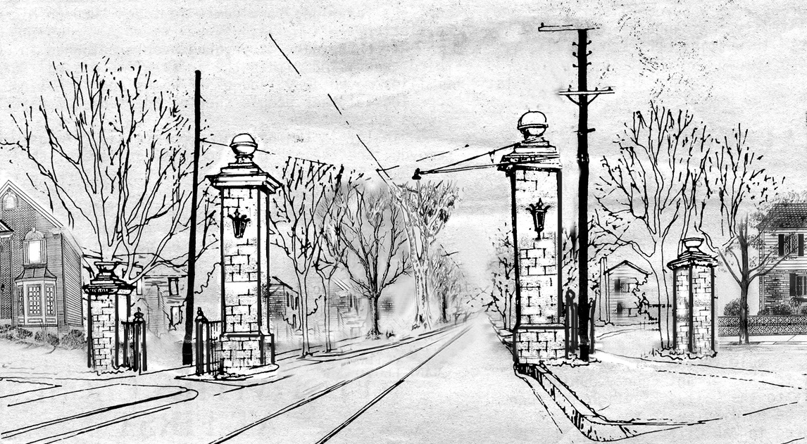 The Junius Heights Columns Before They Were Saved and Moved A Wrought Iron Arch Once Joined the Columns Together but Was Removed as it Deteriorated